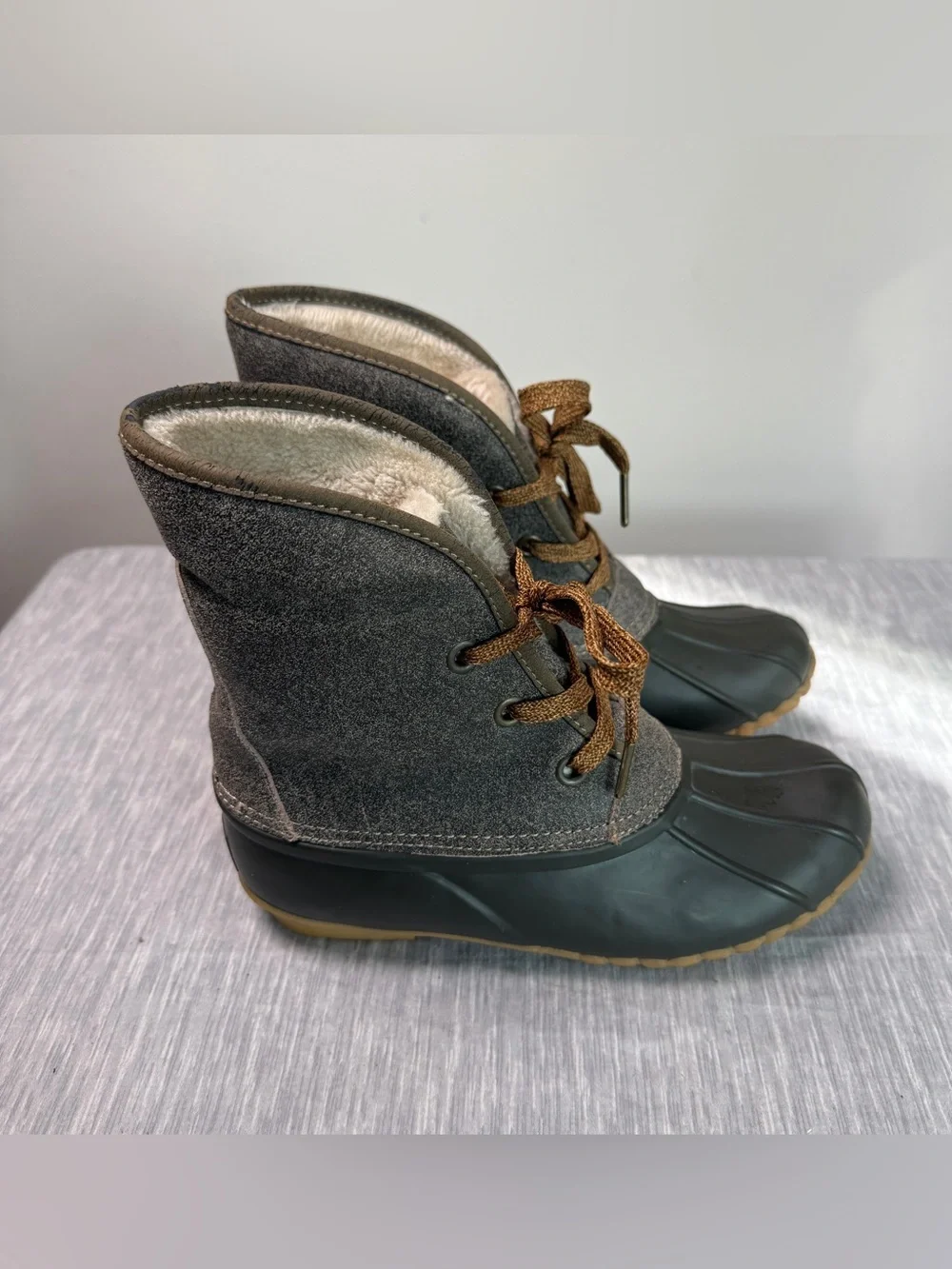 Vintage Sporto Diana Duck Boot | 7 | Gray Suede Faux Fur Lined | Genuine Duck